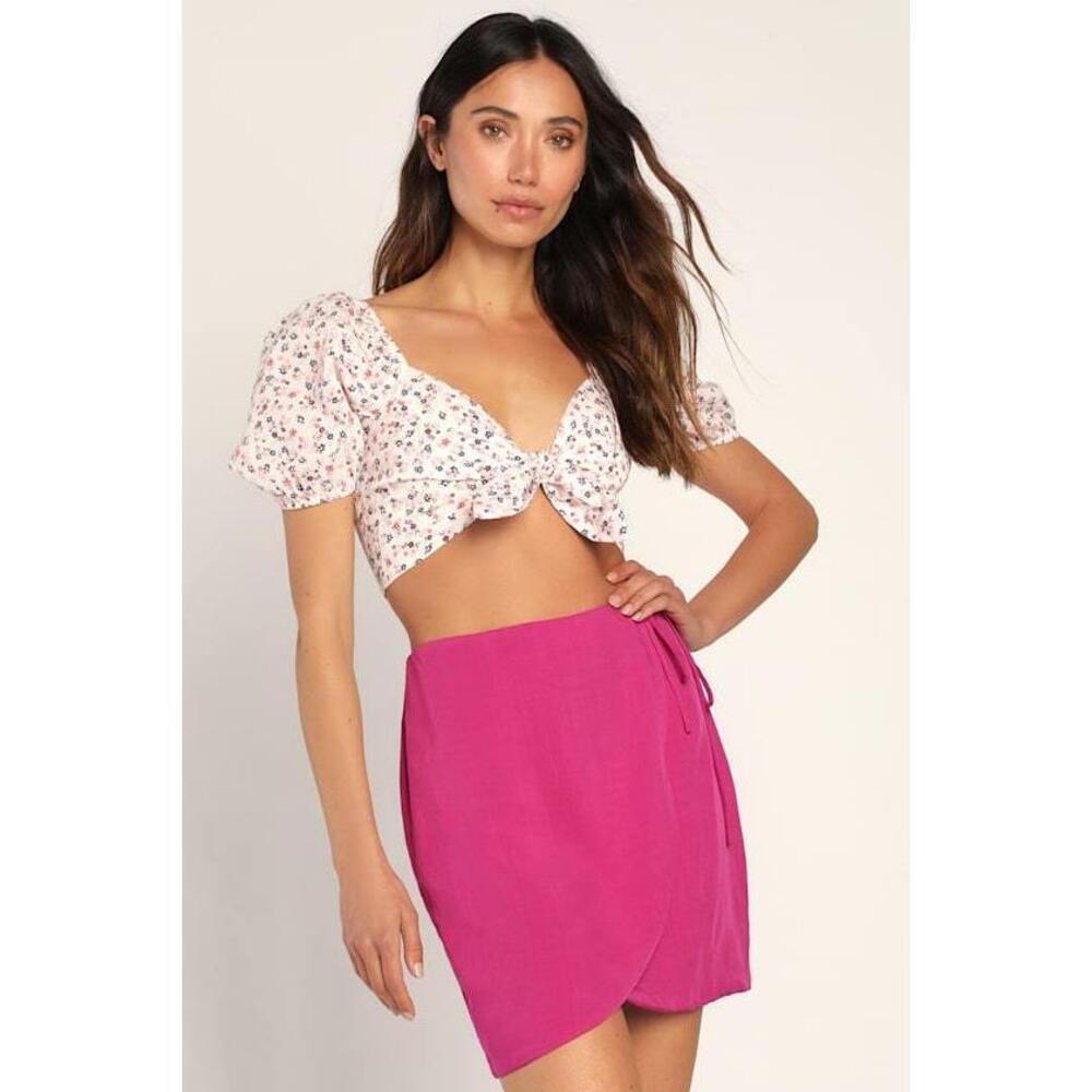 Lulus Truly Thriving Magenta Woven Faux-wrap Mini Skirt Pink - Size S